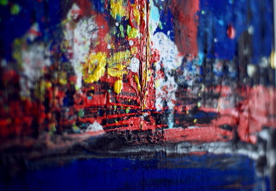 Image 1 of Abstract blue and red colors acrylic painting on stretched canvas