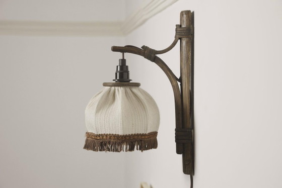 Dutch Vintage Bamboo Wall Sconce with Brown Fringed Fabric Shade – Wall lights, Textile (photo 2 of 10)