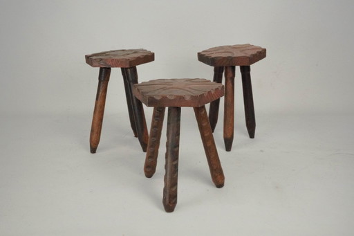 Set van drie vintage Italiaanse brutalistische houten krukken, jaren 60