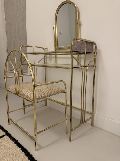 Coiffeuse vintage en laiton de style Hollywood Regency avec miroir et tabouret