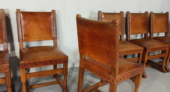 Image 1 of 6 x vintage  Spanish solid wood and leather dining chairs