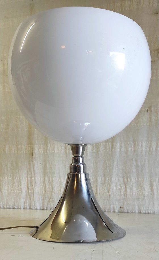 Image 1 of Designer table lamp in chromed metal and white globe - mid-20th century