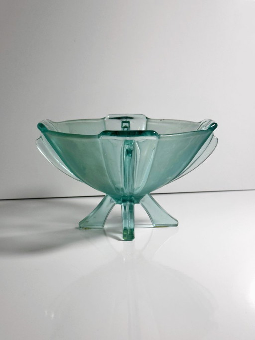 Coupe sur pied Art Déco vintage, Stölzle, verre turquoise, vert d'eau et aigue-marine, années 1930, Autriche