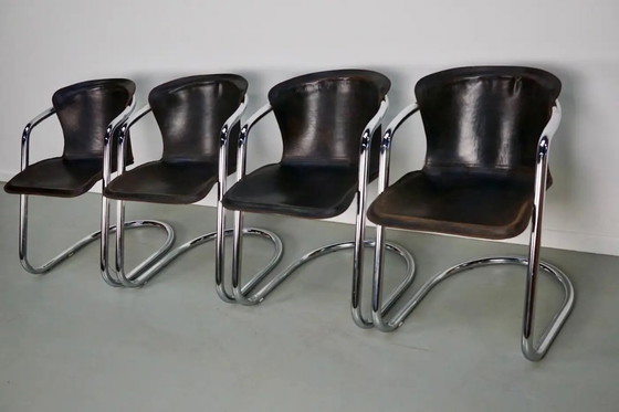 Image 1 of Set van vier bruine leren eetkamerstoelen, Willy Rizzo, jaren 1970