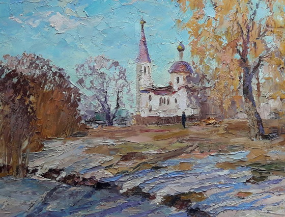 Dipinto a olio originale Paesaggio invernale con un tempio – Dipinti e disegni, Tela (photo 7 of 8)