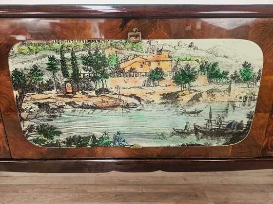 Image 1 of Mid-century mahogany sideboard from the 1950s with aqua green glass and a central bar compartment