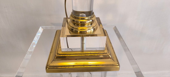 Image 1 of 😍✨ Elegant vintage 70s/80s column lamp by "Le Dauphin" in acrylic glass and brass with a new lampshade ✨😍