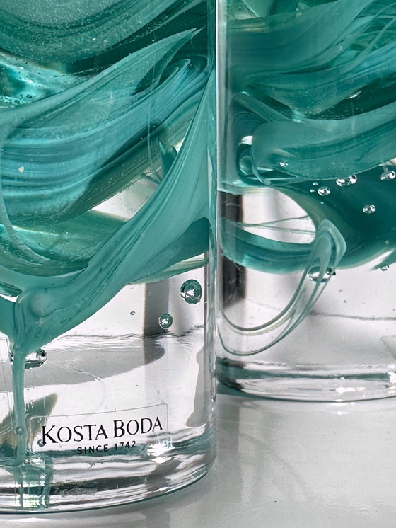 Image 1 of Kosta Boda Paire de bougeoirs Verre Atoll Turquoise Vert menthe Anna Ehrner Massive Swirl