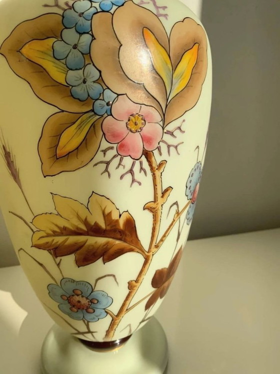 Image 1 of Antique Bohemian Art Nouveau Uranium Satin Glass Vase - Harrach - c. 1900