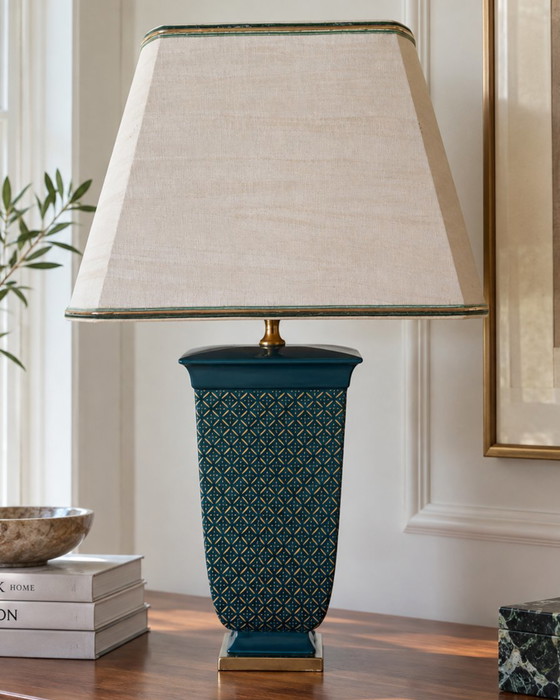 Viva Villa Pagoda Table Lamp 1970s – Teal Gold – French Hollywood Regency – Ceramic, Silk (photo 2 of 11)