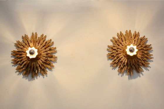 Natural pair of Large Carved Sunburst Wooden Sconces, Wall lights (photo 3 of 10)