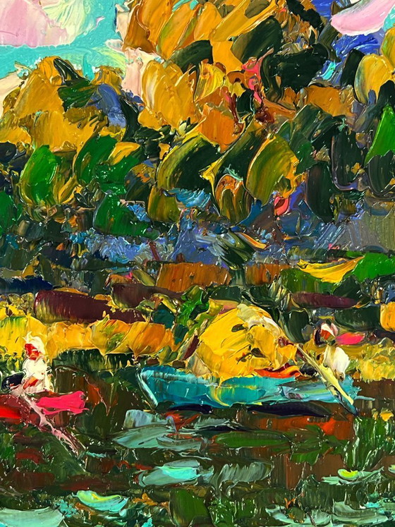 Image 1 of Peinture à l'huile originale représentant un paysage naturel en forêt d'été, sur des bateaux le long de la rivière