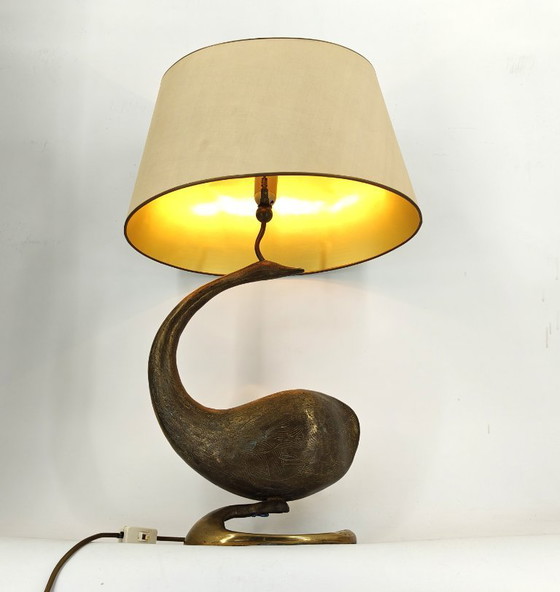 Image 1 of Grote messing zwaan tafellamp, 1960