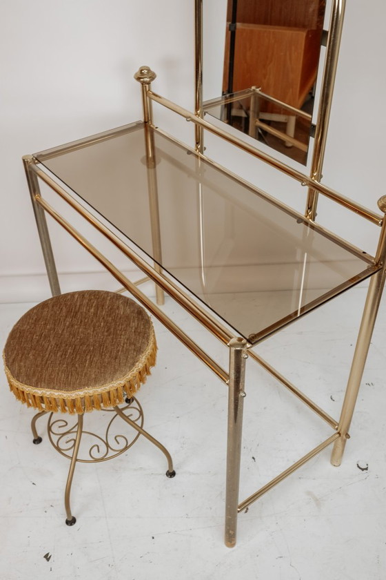 Image 1 of Vintage brass vanity table with stool