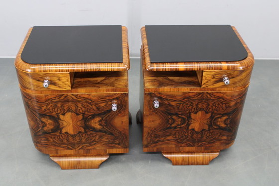 Image 1 of Pair 1930s Czech Art Deco Walnut Nightstands
