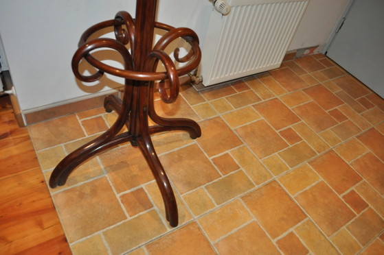 Antique Restored Hungarian Standing Coat Rack from Thonet – Leather, Wood (photo 8 of 8)
