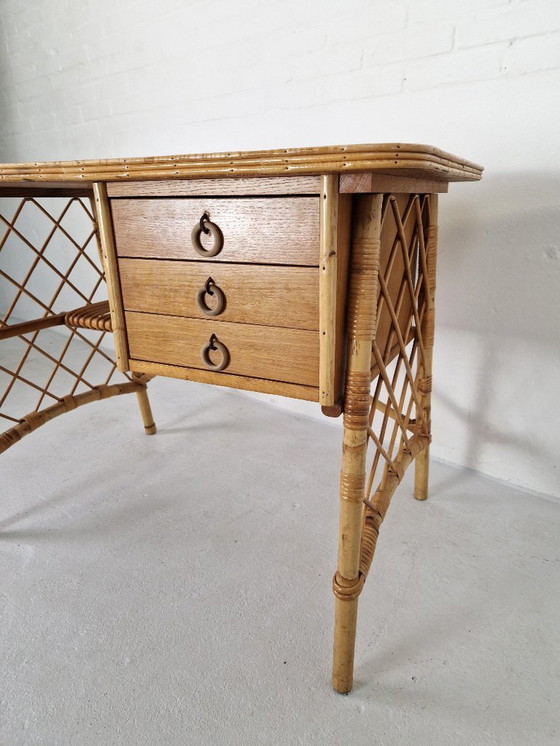 Image 1 of Vintage Louis Sognot Desk, Rattan 1960s