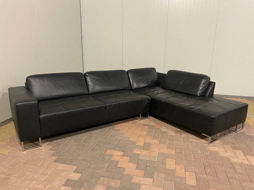 Canapé d'angle Piet Klerkx en cuir véritable noir, avec assise confortable et coin spacieux