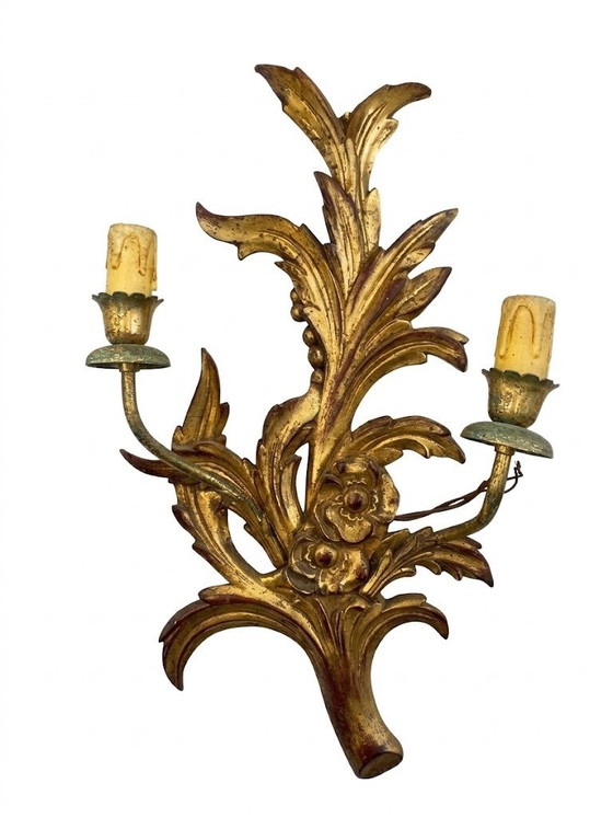 Gouden wandarmaturen met bladmotief, Wandlampen, Hout, Gold, Klassiek (foto 3 van 5)