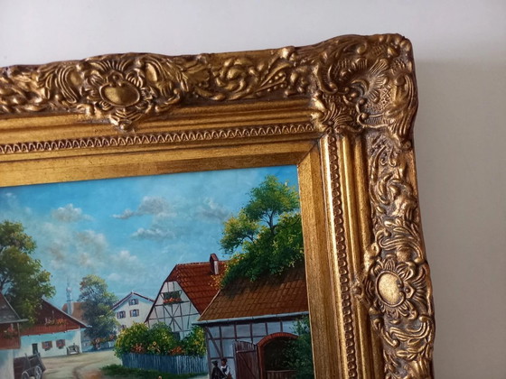 Image 1 of ORIGINAL Ölgemälde auf Holzplatte inkl. Rahmen | Fachwerkhäuser/Dorf | Signiert