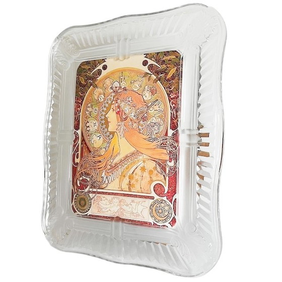 Image 1 of Cornice in vetro vintage, cristallo, stile art nouveau, stampa fotografica del dipinto Mucha, Zodiaco, anni '80