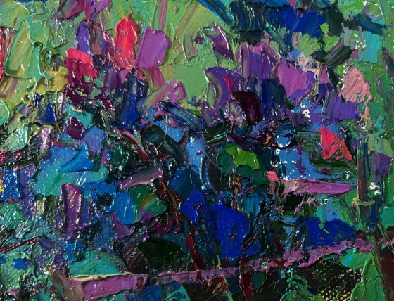 Image 1 of Original Oil Painting Night Village Landscape The first lilac over the field