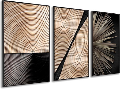 DekoArte - Tableau decoration murale salon, ART MINIMALISTE EN BOIS, 50x70 cm, x3 pièces - Tableaux avec cadre noir inclus