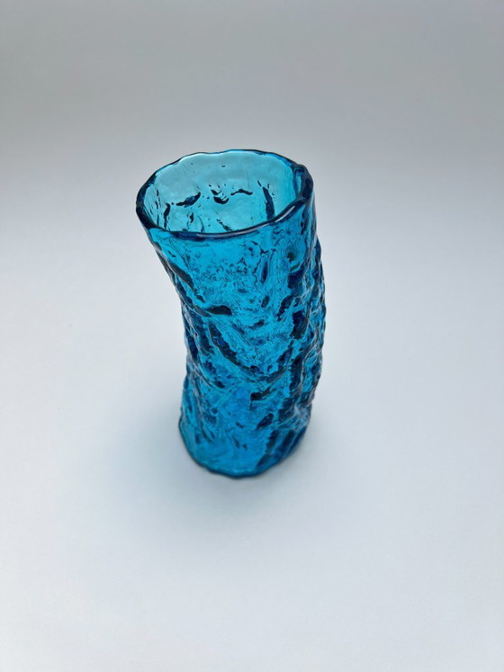 Image 1 of Vintage textured frosted glass vase, mid-century modern look, bark glass, Ingrid Whitefriars Bark turquoise blue