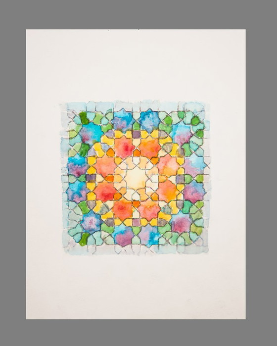 Image 1 of Original watercolor of a Moorish tile. Arabic tile painting. Geometric painting. Watercolor with a geometric motif. New.
