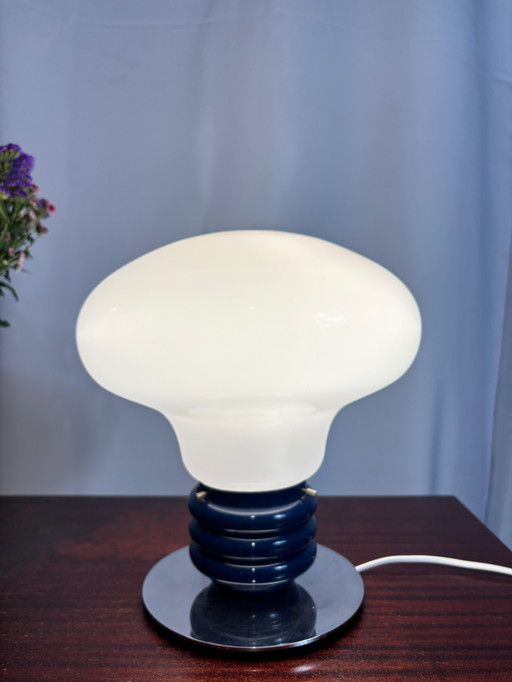 Vintage Space-Age Opaline Mushroom Lamp – Uniek Blauw Keramiek & Chroom