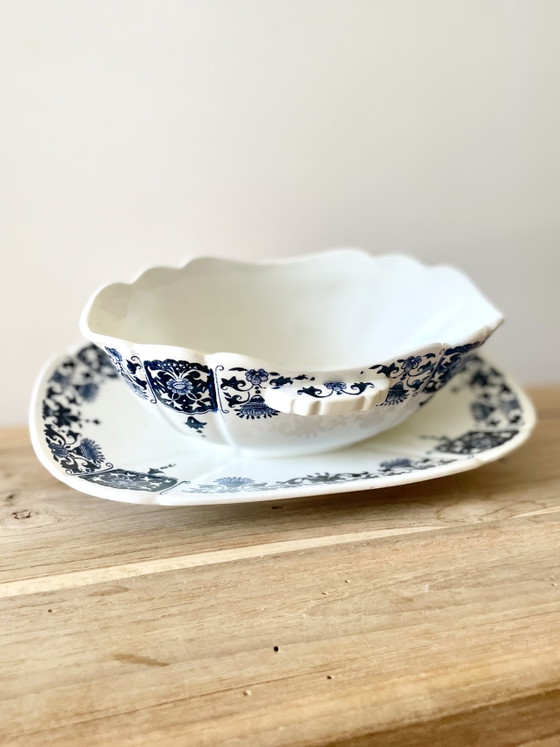 Image 1 of Vintage Gien France Gravy Boat with Stand Blue White Faience - French Mid-Century Pottery Collectible Tableware