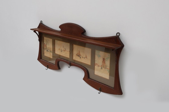 Image 1 of Art Nouveau Wall-Mounted Coat Rack with Framed Watercolors by Cassier, Belgium, 1905