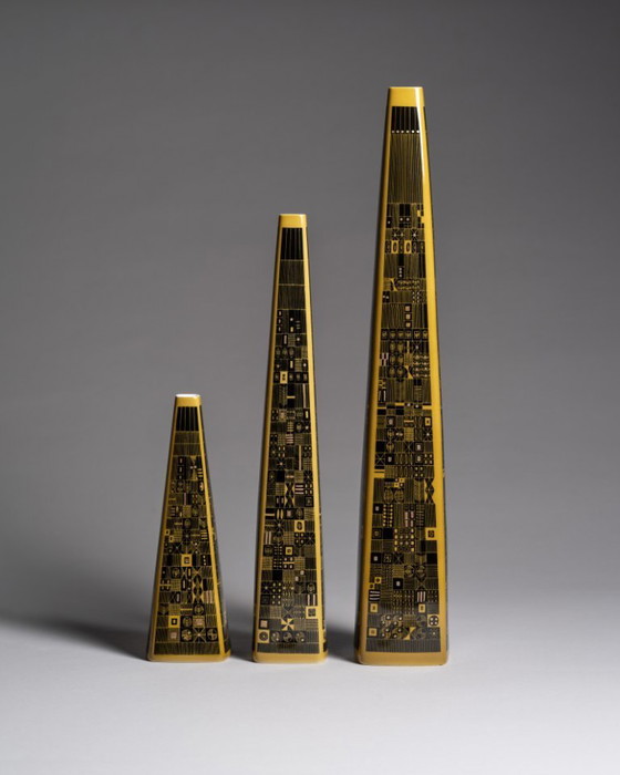 Image 1 of Rare Rosenthal Studio-Line Mustard Graphic Design by Theo Baumann Vase Trio MCM