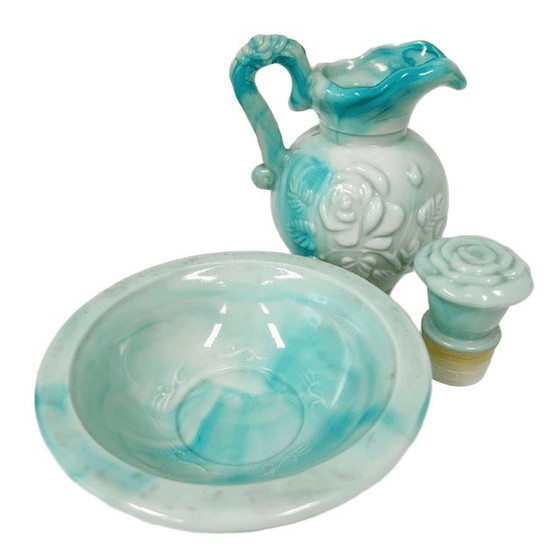 Image 1 of Set da toeletta vintage Avon con brocca e ciotola in vetro opalino blu-verde, anni '70