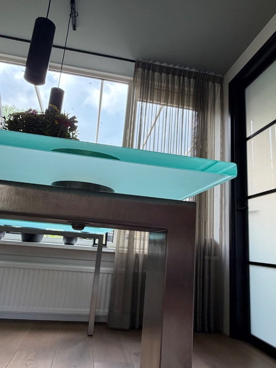 Glass Dining Table with Steel Legs (photo 4 of 5)