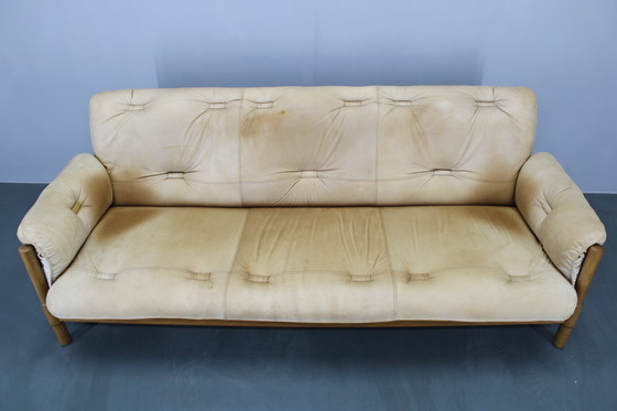 Image 1 of Eiken Scandinavische 3-zitsbank uit 1960 met lederen bekleding