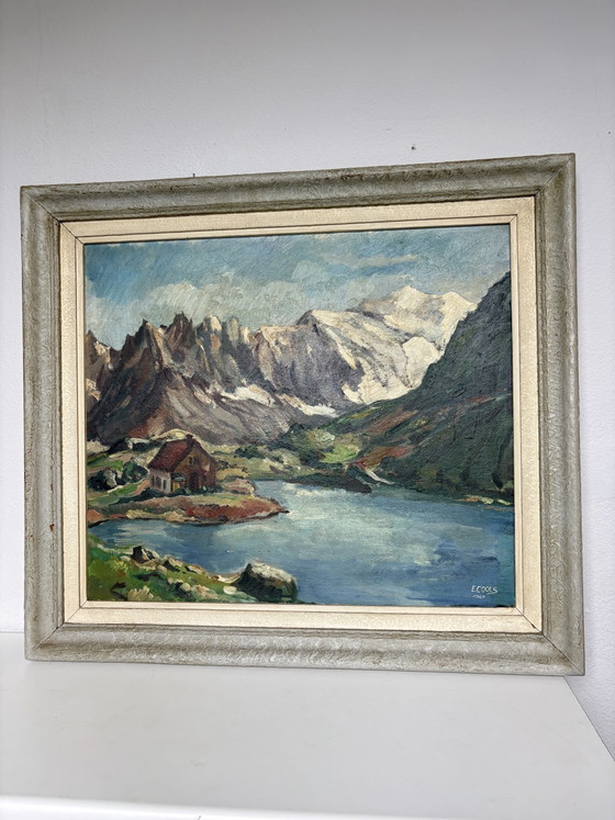 Image 1 of Vintage Alpine Lake Chateau: Gilded Masterpiece by E. Cools (1960)
