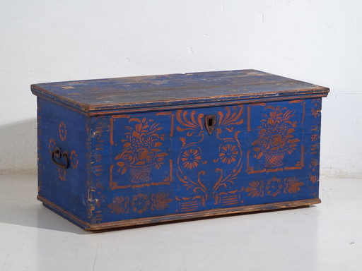 Antieke blauw geschilderde houten kist – Volkskunst dekenkist – Centraal-Europa ca. 1900
