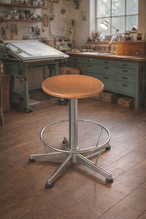 Image 1 of Industrial Technical Stool in Wood and Metal (Adjustable)