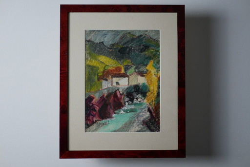 Lucie RIVEL, Mountain Village. Framed pastel.