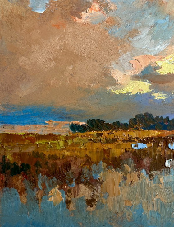 Image 1 of Original Oil Painting Sunset Field Landscape Sunset over the lake