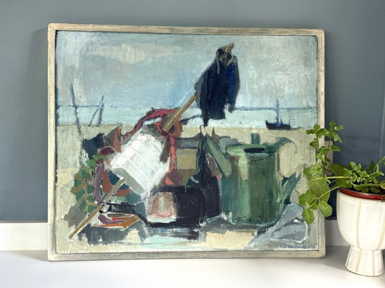 Image 1 of Composición abstracta modernista, óleo sobre lienzo «Bodegón de pescador» de Elisabeth Brunnström (1908-1988)