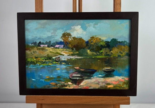 Original Oil Painting Summer River Landscape Crossing to the other bank