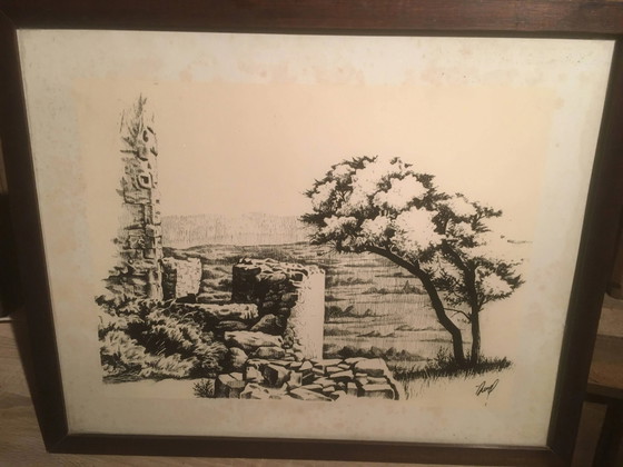Illustration/signierter Papierdruck, gerahmt, 60er/70er Jahre – Gemälde & Zeichnungen, Paper, Vintage (photo 2 of 8)
