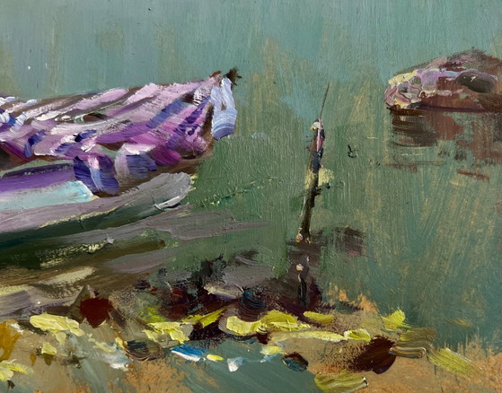 Image 1 of Origineel olieverfschilderij: Somber kustlandschap, stadsboot, veerboot