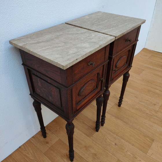 Image 1 of Set Vintage Antieke nachtkastjes bijzetkastjes marmer blad