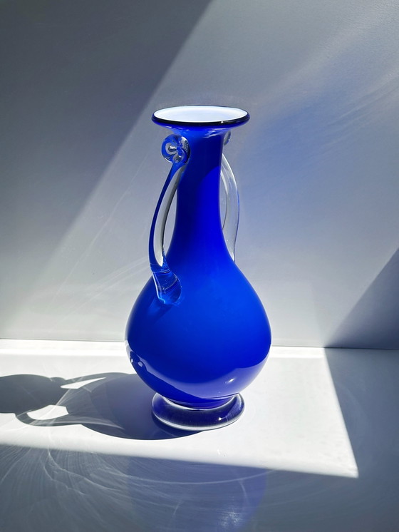 Image 1 of Vintage handle vase frosted glass blue cobalt ultramarine flower vase 80s postmodern Memphis