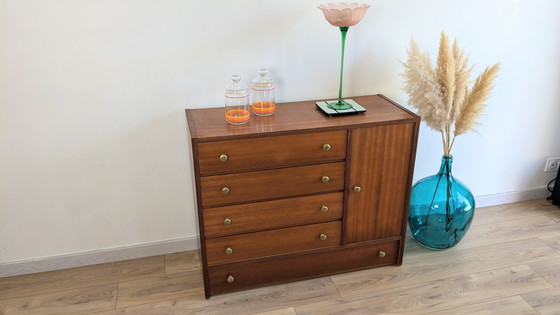 Image 1 of Vintage Scandinavian Wood and Brass Chest of Drawers