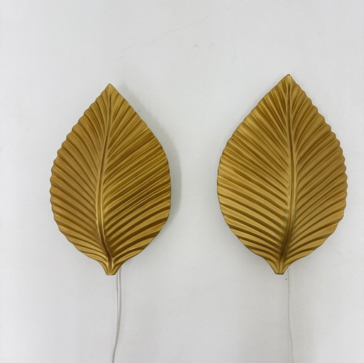 Set of 2 Golden Leaf Wall Lamps, 1970s