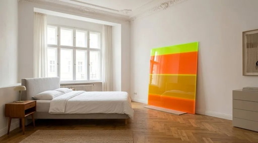 XXL Neon Abstrakt | Orange Gold Gelb | Fluoreszierende Art Farbfeldmalerei | 140 × 140 cm Acrylglas (photo 2 of 5)